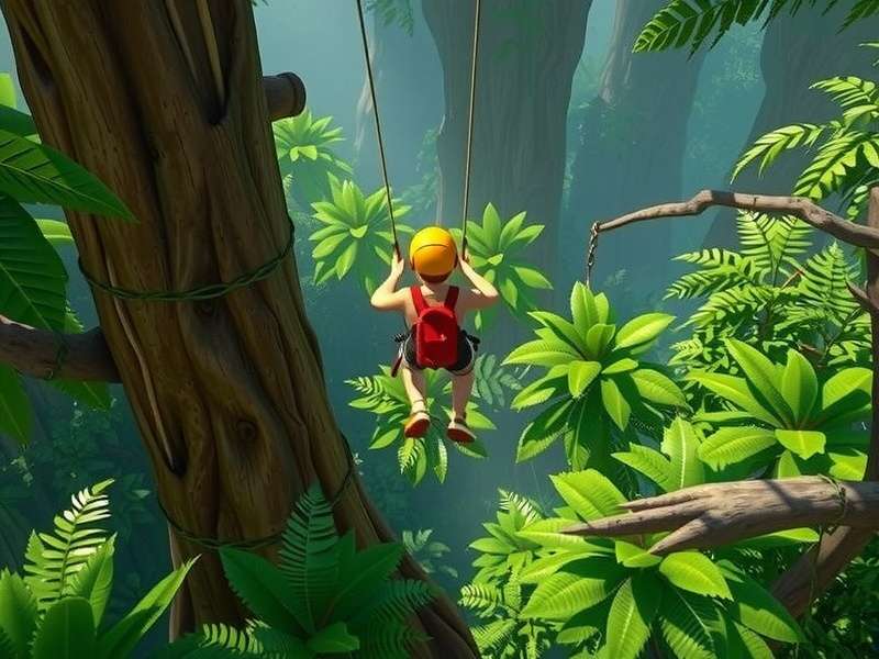 Jungle Zip Challenge gameplay screenshot showing character zip-lining through dense jungle